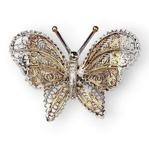 Vintage Butterfly Brooch 800 Spun Silver Filigree Gold Plated Two Tone Small 1"